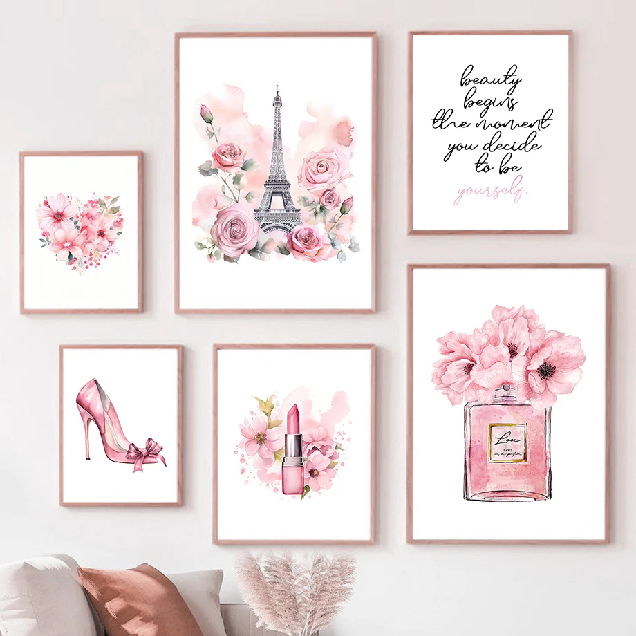 Home Decor Japandi - ปารีสแฟชั่นโปสเตอร์ศิลปะสีชมพู EIFFEL Tower ขวดน้ําหอม Wall Art