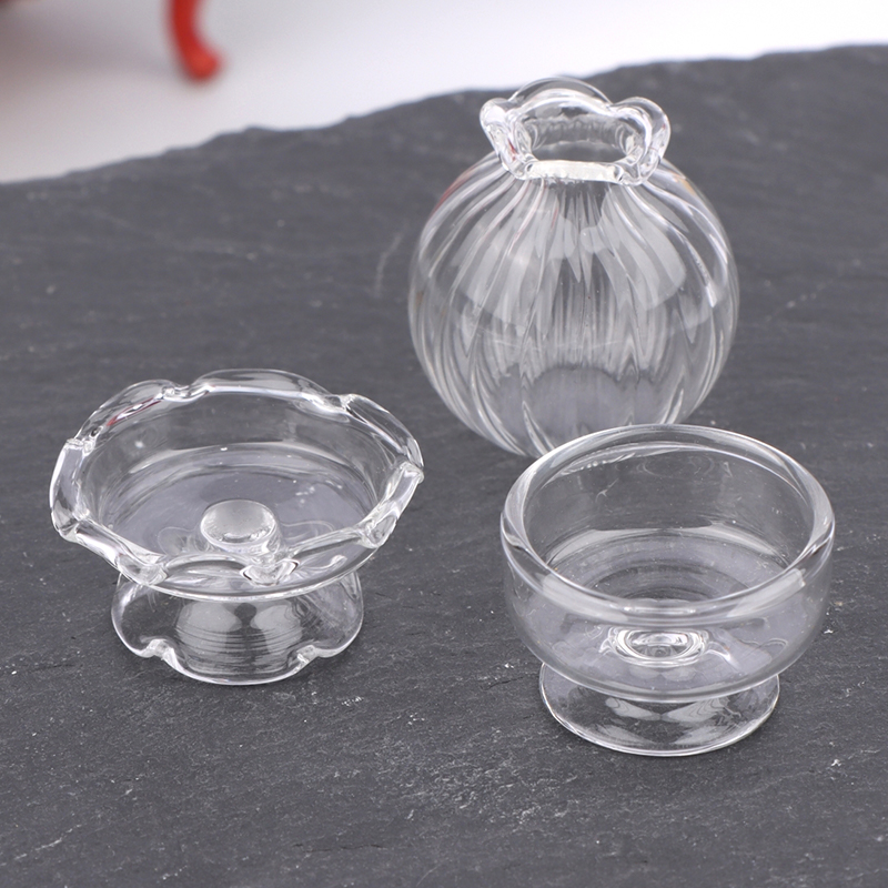 Home Decor Glass - แจกันแก้วจิ๋วสำหรับบ้านตุ๊กตา ขนาด 1:12 ถ้วยขนมหวาน ขวดไวน์ ขวดใส่ของขวัญพร้อมจุกไม้ก๊อก