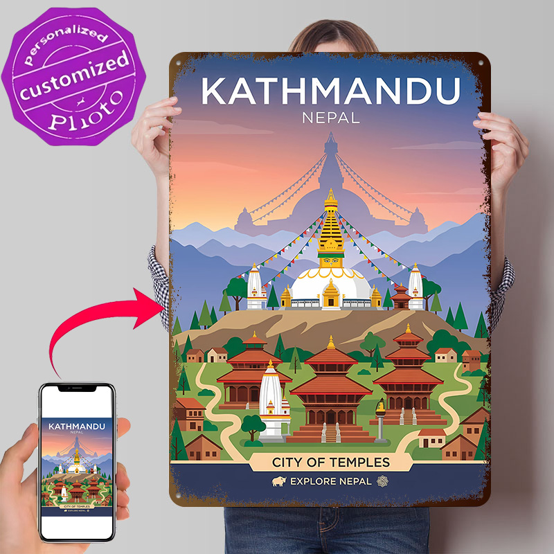 Home Decor Kathmandu - โปสเตอร์โลหะ 3 มิติ ลายเมืองคาทมันตุ สถานที่สำคัญทางศาสนา ตกแต่งผนังแบบวินเทจ