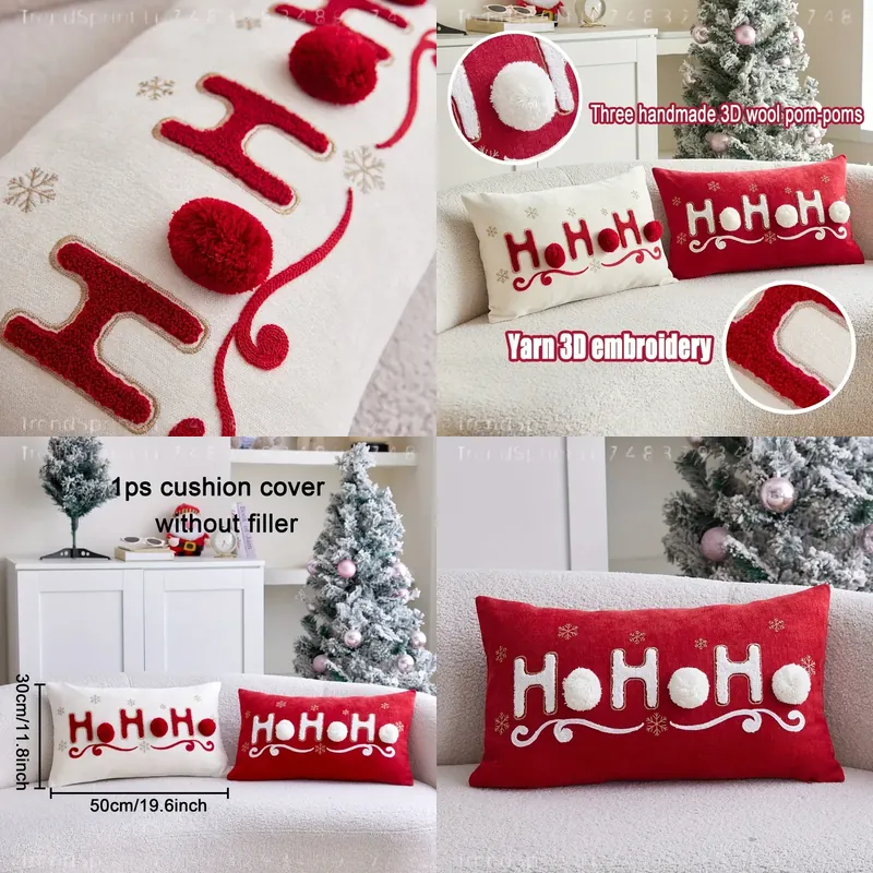Home Decor Sofa - ปลอกหมอนคริสต์มาสปักลาย HOHOHO 1 ชิ้น พร้อมพู่เย็บมือ 3