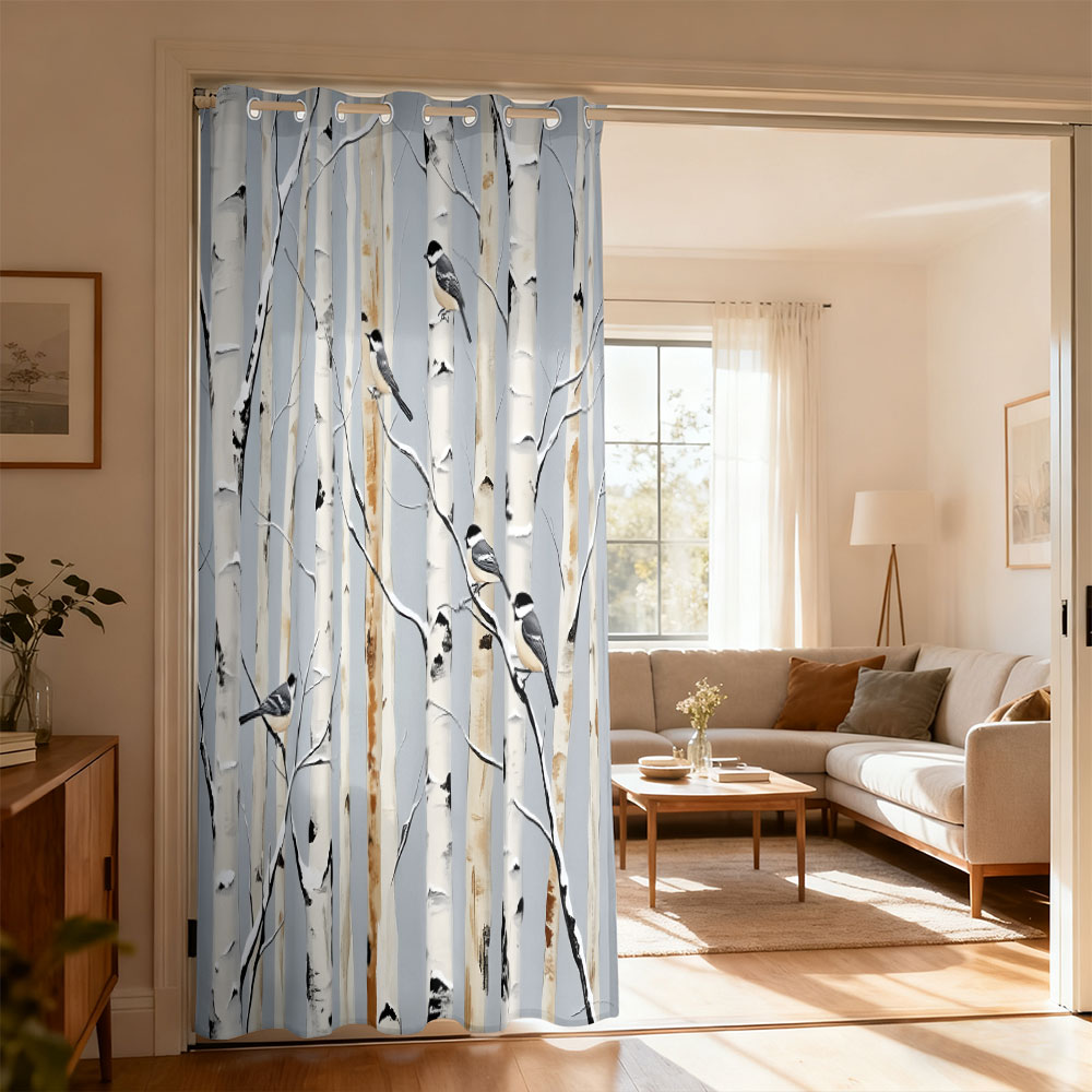 Home Decor Curtain - ผ้าม่านลายพิมพ์นกติตมัสในป่าเบิร์ช 1 ชิ้น ผ้าม่านแบบห่วงเดียว สำหรับห้องนั่งเล่น ห้องนอน