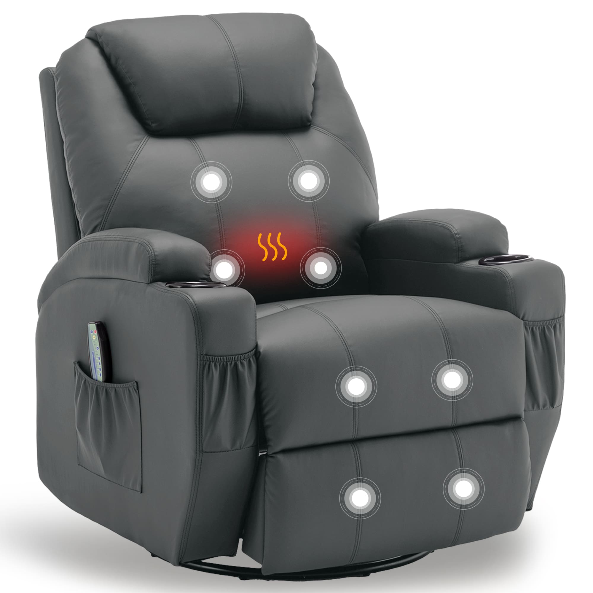 Home Decor Sofa - เก้าอี้ปรับเอนพร้อมระบบนวดและทำความร้อน 360 องศา ° เก้าอี้โยกหมุนได้สำหรับผู้ใหญ่ พร้อมรีโมทคอนโทรลและที่วางแก้ว