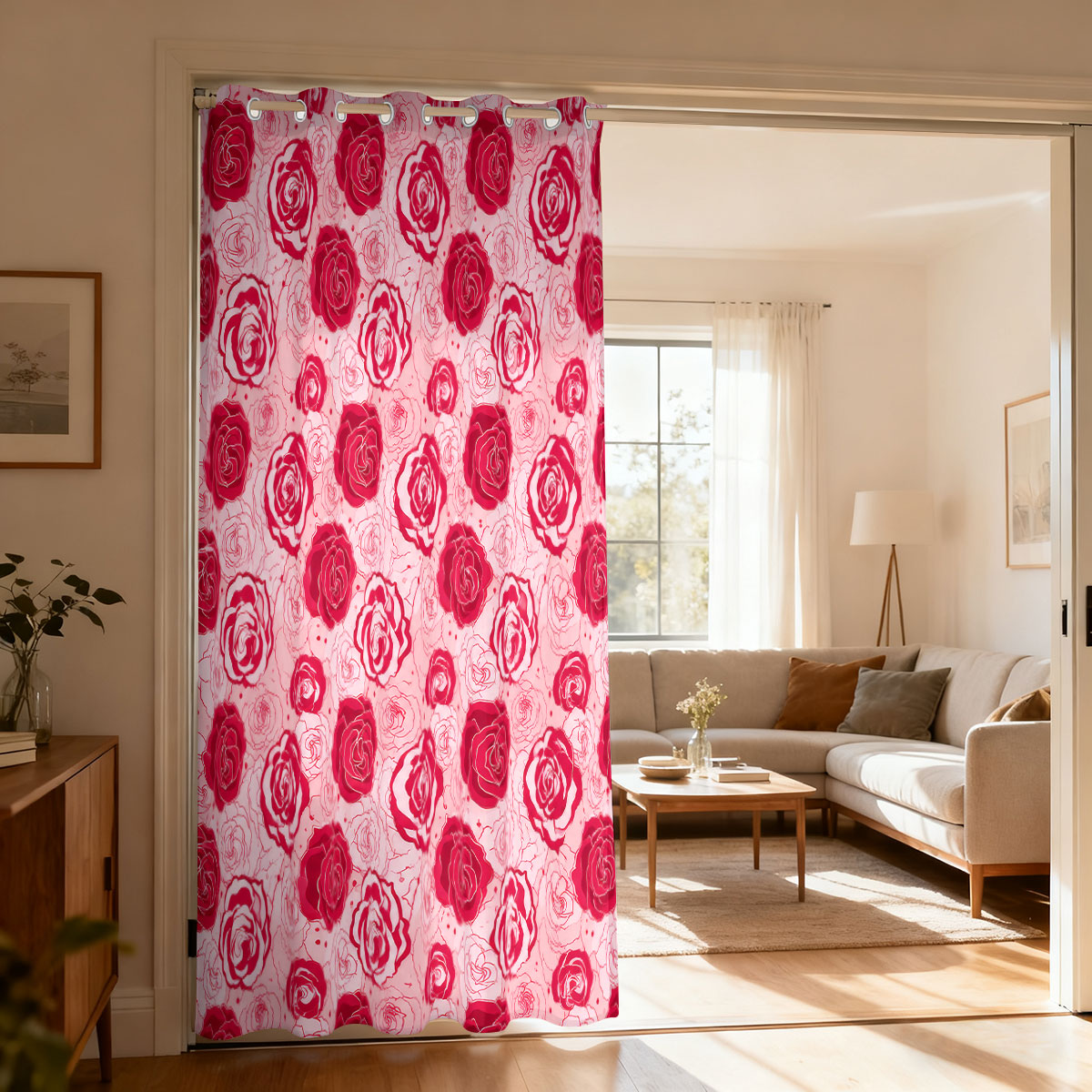 Home Decor Curtain - ผ้าม่านวงกลมเดี่ยวสีชมพูพื้นเขียวอ่อนลายดอกกุหลาบ 1 ชิ้น, ผ้าม่านตกแต่งประตูสำหรับห้องนั่งเล่นห้องนอน, ผ้าม่านแขวนตกแต่งบ้านทันสมัย