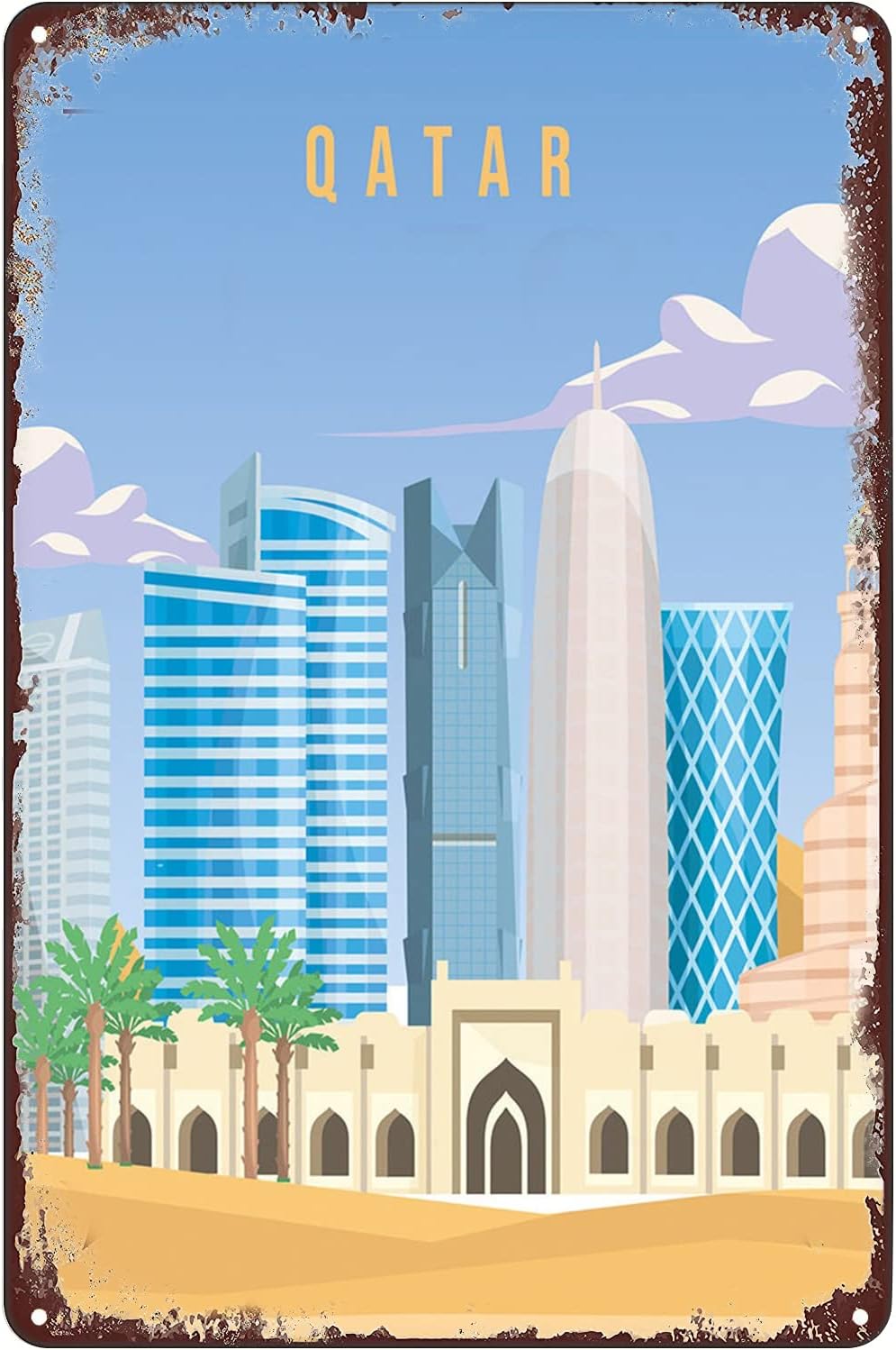 Home Decor Qatar - ป้ายโลหะวินเทจ - โปสเตอร์ท่องเที่ยวกาตาร์โดฮา ป้ายสถานที่สำคัญ ตกแต่งผนังสำหรับบ้าน บาร์