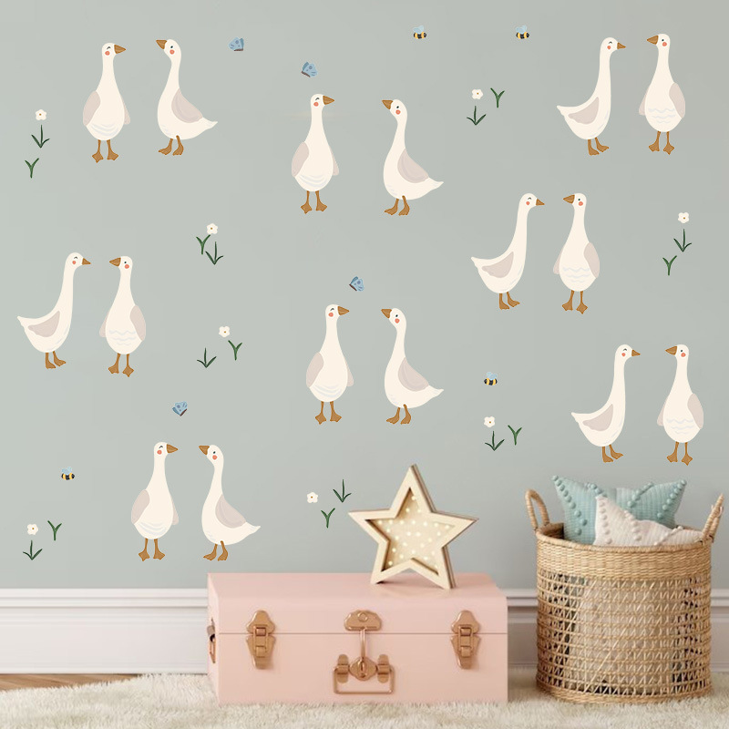 Home Decor Vinyl Flooring - สติกเกอร์ติดผนังลูกเป็ดน่ารัก ลายเป็ดตลก ลายดอกไม้ PVC ไวนิลติดผนังแบบมีกาวในตัว สำหรับตกแต่งห้องเด็ก