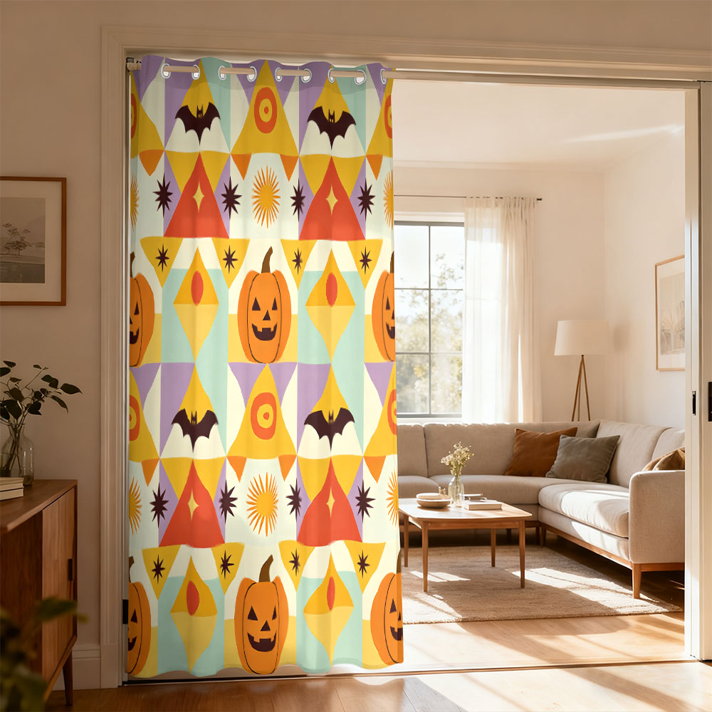 Home Decor Curtain - ผ้าม่านลายฟักทองค้างคาวเรขาคณิตสำหรับฮาโลวีน 1 ชิ้น ผ้าม่านแบบวงเดี่ยวสำหรับตกแต่งห้องนั่งเล่น