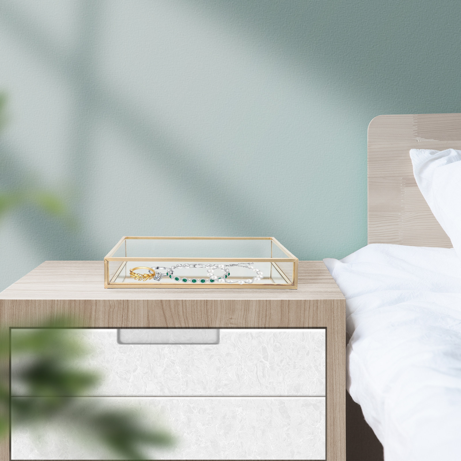 ถาดกระจกตกแต่งกรอบทองเหลืองสีเ - Home Decor Glass บทวิจารณ์และราคา